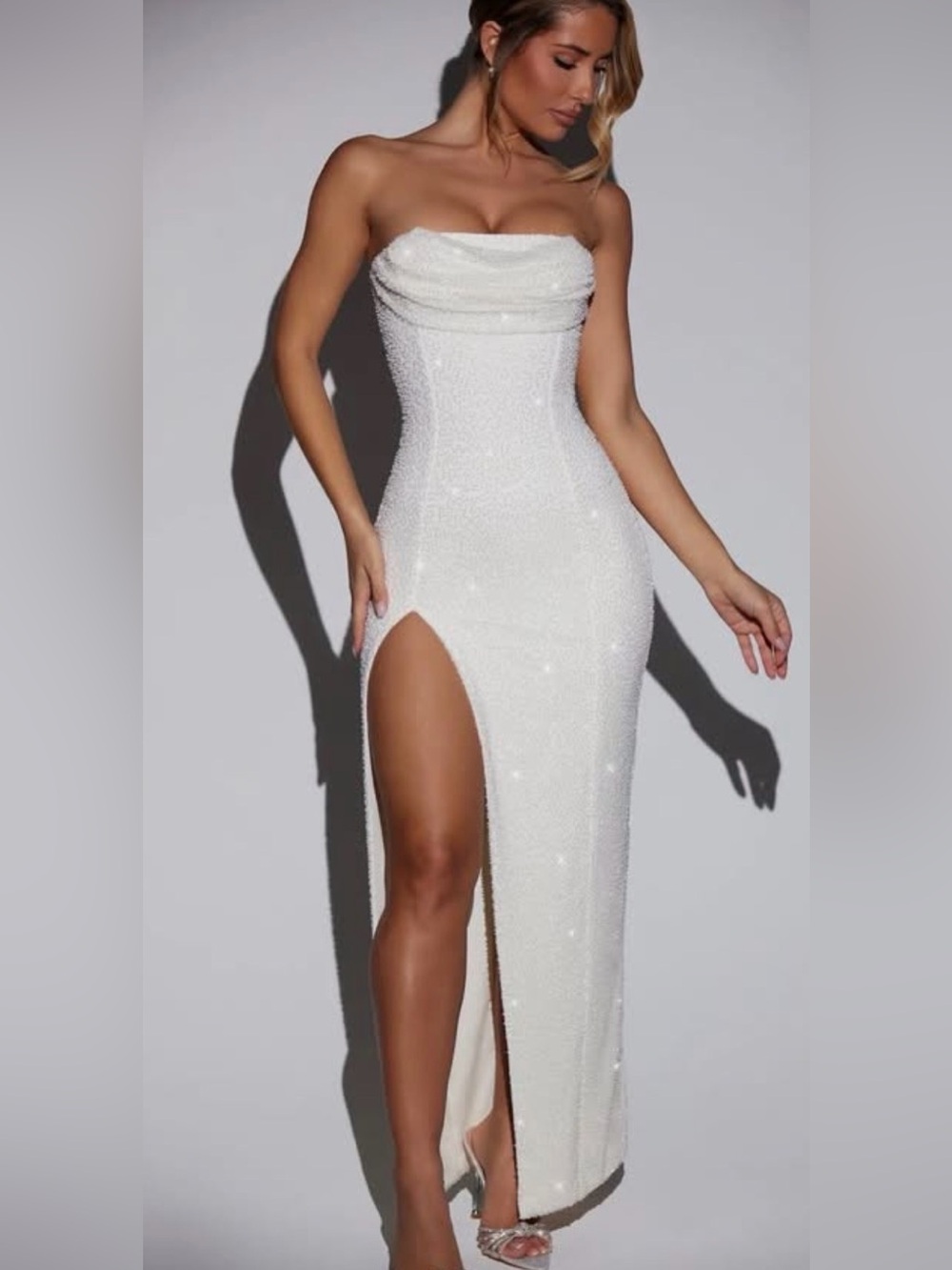EMBELLISHED BANDEAU COWL NECK MAXI DRESS IN IVORY